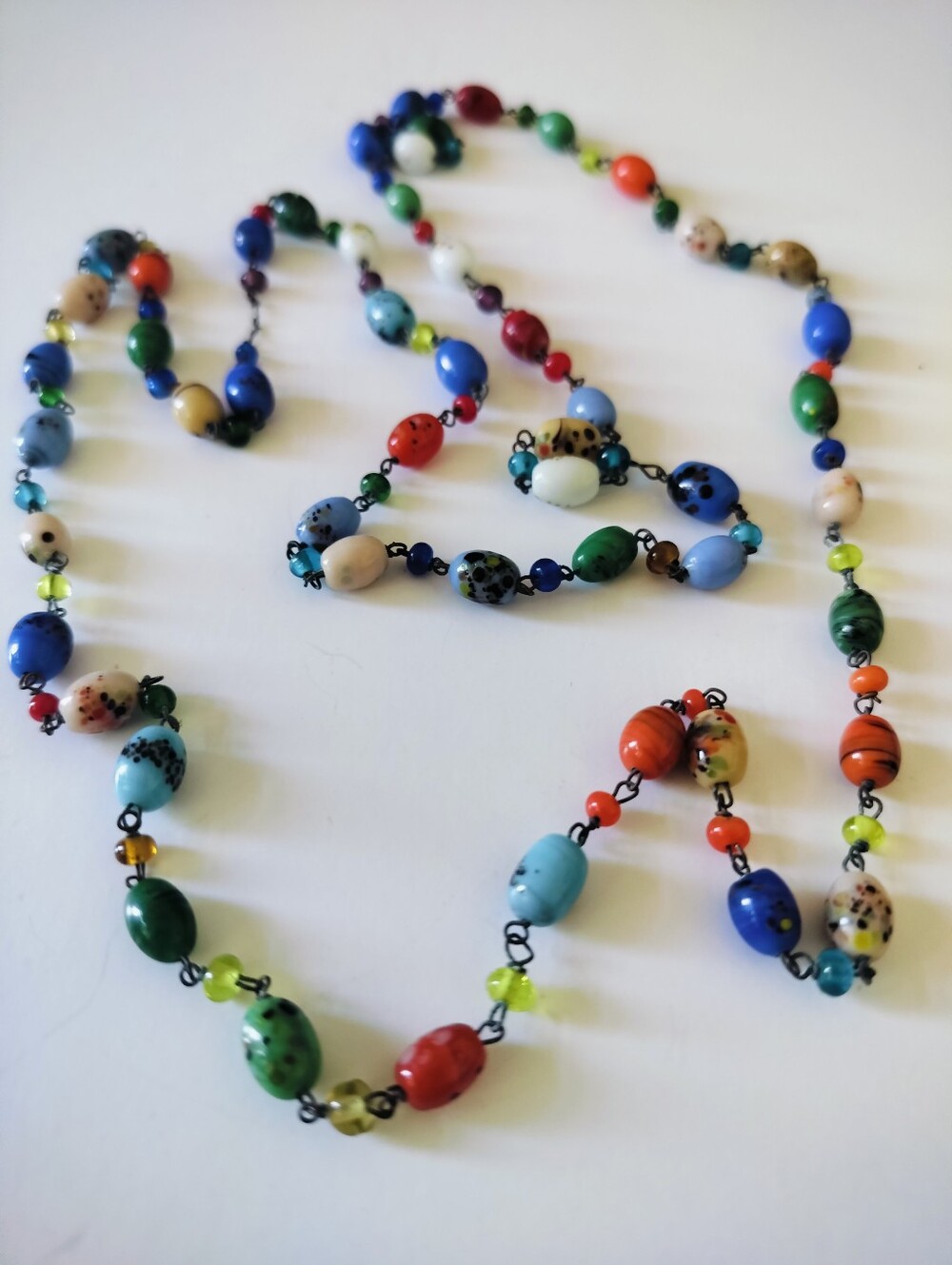 Vintage Multi-Color Art Glass Bead Rosary-Link Long Necklace